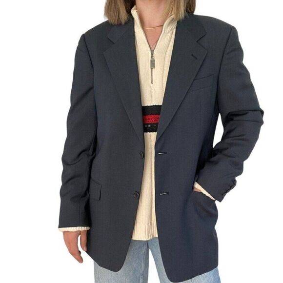 Vintage Valentino Navy Blue Wool Oversized Preppy Blazer Dark Academia Sz 40R - Picture 9 of 11